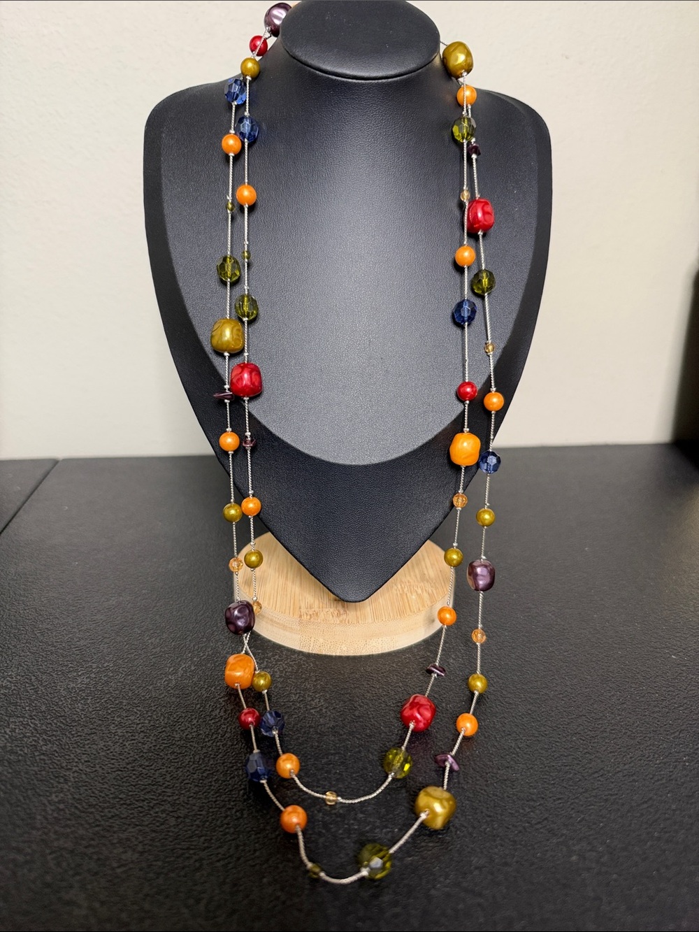 Long Multicolor Layered Glass Mixed Media Bead Silver Tone Necklace Jewelry